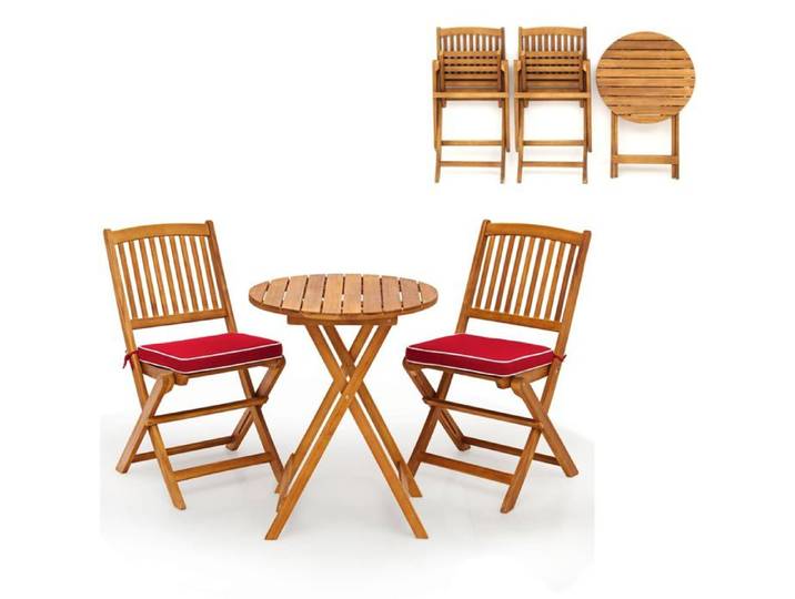 GIANTEX Ensemble Salon de Jardin 3 Pcs Pliable en Bois- 2 Chaises avec Coussins Amovibles et Table Basse de Jardin Rond- Rouge