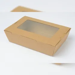 emissimo Behälter aus braunem Kraftpapier + PE-Fenster, 400 ml  - Maße: 12 x 8,8 cm h 3,7  200 Stück