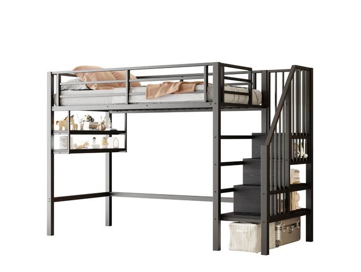 Modfu Hochbett aus Metall 90x200 cm in Schwarz mit Stauraumleiter & Regalen, 90x200 cm, Babymöbel & Kindermöbel, Kinderzimmer & Jugendzimmer, Kinderbetten, Hochbetten