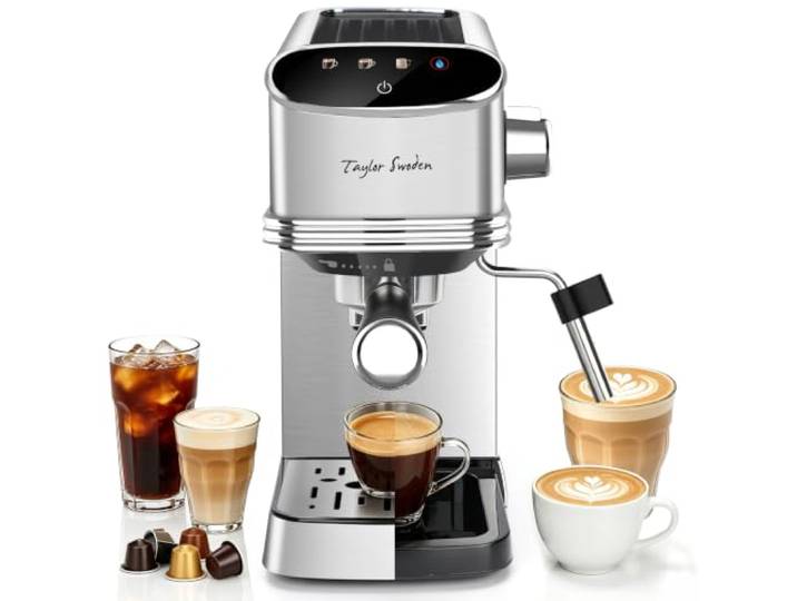 Taylor Swoden Siebträgermaschine 20 Bar 1450W, Klein für Pulver & Kapseln Espressomaschine Milchaufschäumer, Edelstahl, LED Touch-Display, 1,35L Tank, Kaffeemaschine für Cappuccino, Latte & Macchiato