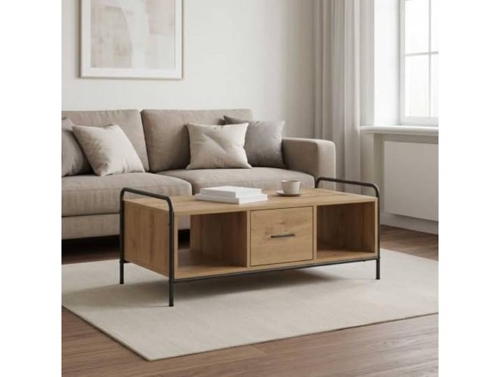 KUTYWEXFM Couchtisch mit Schublade Artisan-Eiche 99,5x49x41 cm Rechteckiger Wohnzimmertisch mit 1 Schublade und Ablagefächern. Robuster Stahlrahmen und pflegeleichte Holzwerkstoff-Platte.