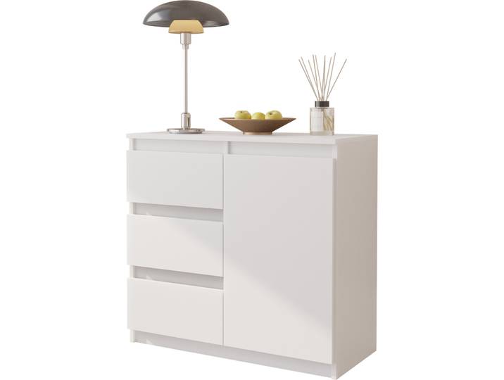 FURNICA - MIKEL - Commode / Sideboard avec 3 tiroirs et 1 porte - Blanc Mat H75cm L80cm P35cm