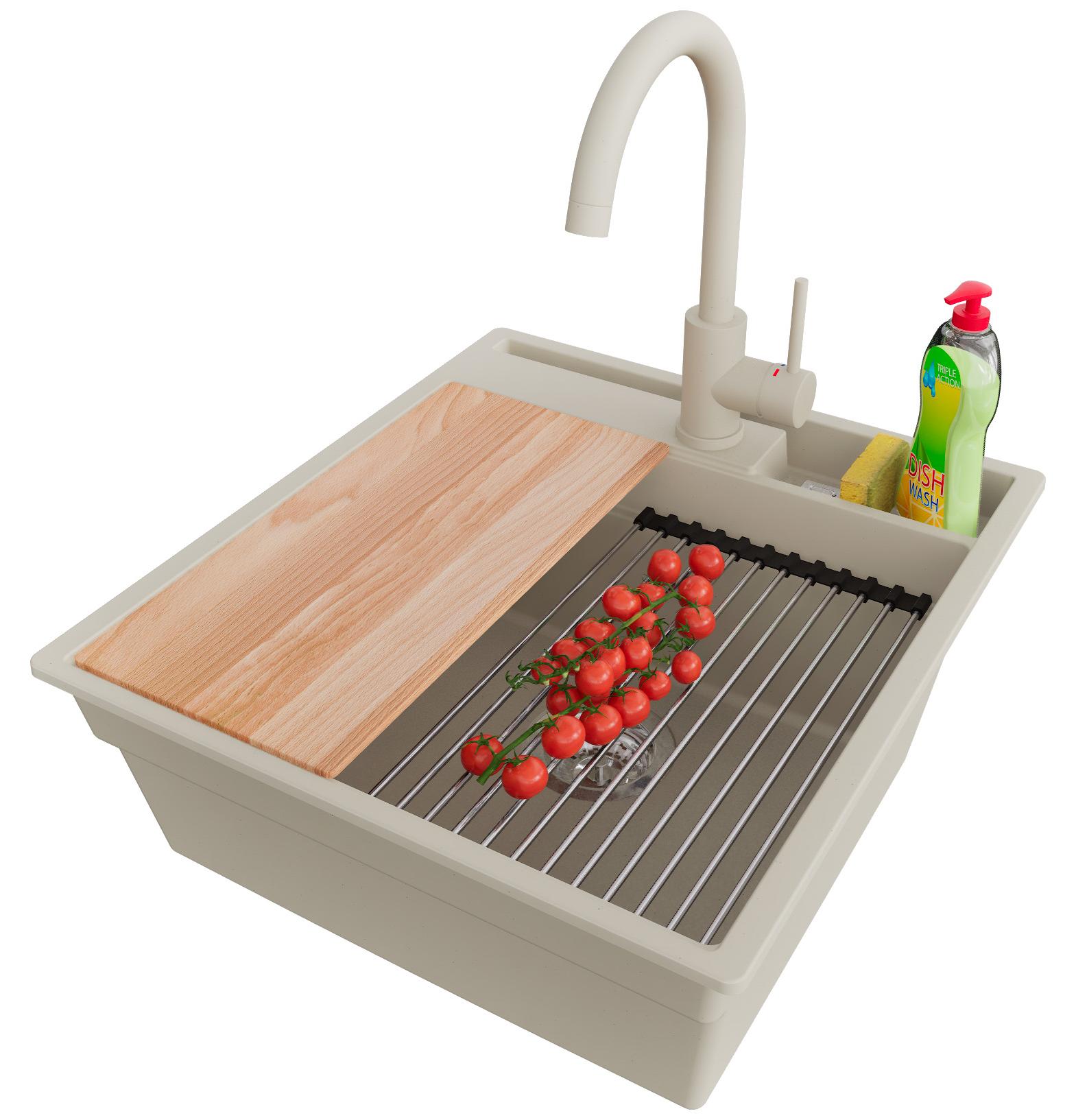 PRIMAGRAN Granitspüle Beige 48x53cm, Spülbecken 1 Becken + Ablauf-Set + Küchenzubehörset, Küchenspüle ab 50er Unterschrank - Oslo Pocket