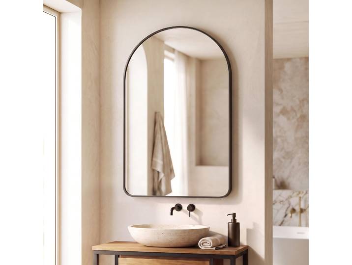 Miroir mural en arche pour salle de bain avec cadre en métal noir 120 x 75 cm