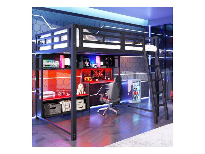 Flieks Hochbett Metallbett im Gaming-Stil 140x200cm mit Schreibtisch, LED & Aufladen