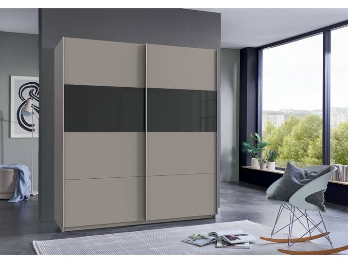 Schwebetürenschrank WIMEX Bramfeld Kleiderschrank , schwarz (saharagrau, absetzung schwarzglas), B:180cm H:198cm T:64cm, Schränke, Schwebetürenschrank, mit Glaselementen und zusätzlichen Einlegeböden