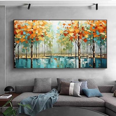 großes handgemachtes Herbstbaum-Ölgemälde, goldenes Laub, das sich in blauem Wasser spiegelt, strukturierte Blätter über dem Sofa, gemütliches Wohnzimmerdekor, saisonale Wandkunst,
