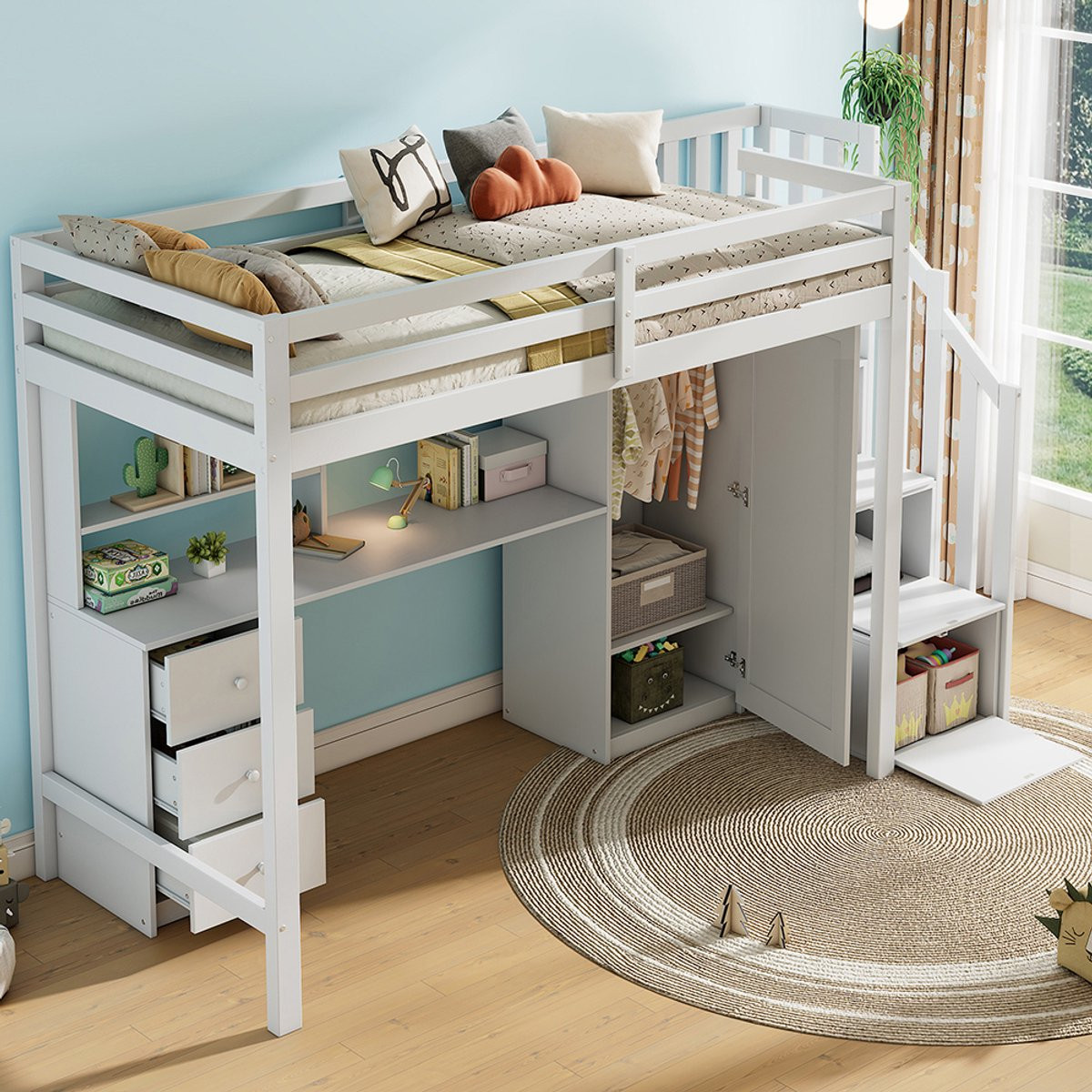 Pugsdrly Multifunctioneel Hoogslaper Kinderbed met Bureau, Kledingkast en Trap, Wit, 90 x 200 cm
