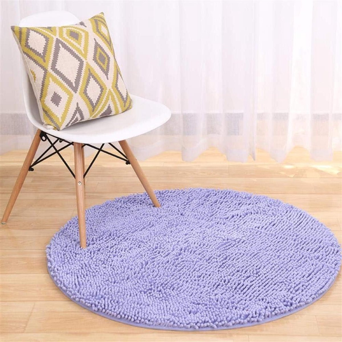 Ronde antislip badmat van blauwe chenille voor in de badkamer met een diameter van 160 cm