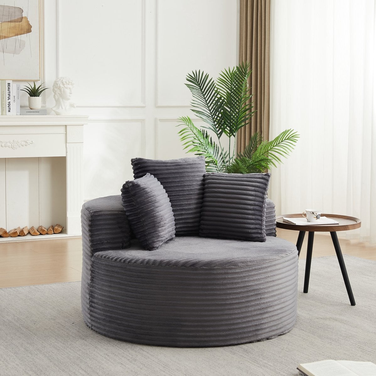 MODENUIT Fauteuil Rond met 3 Kussens en Brede Armleuningen, Corduroy Grijs, Diameter: 110 cm