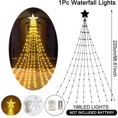 Evergreen Home Goods Pentagram Fairy Lamp, Waterproof Christmas Decorations, Led Waterfall Tree Light, Camping Holiday String Lights warm battery
