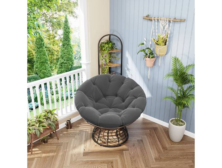 Fauteuil - ZEVKOR - Fauteuil Papasan rotatif 360° - Coussin épais gris - Structure métal marron - Intérieur/extérieur