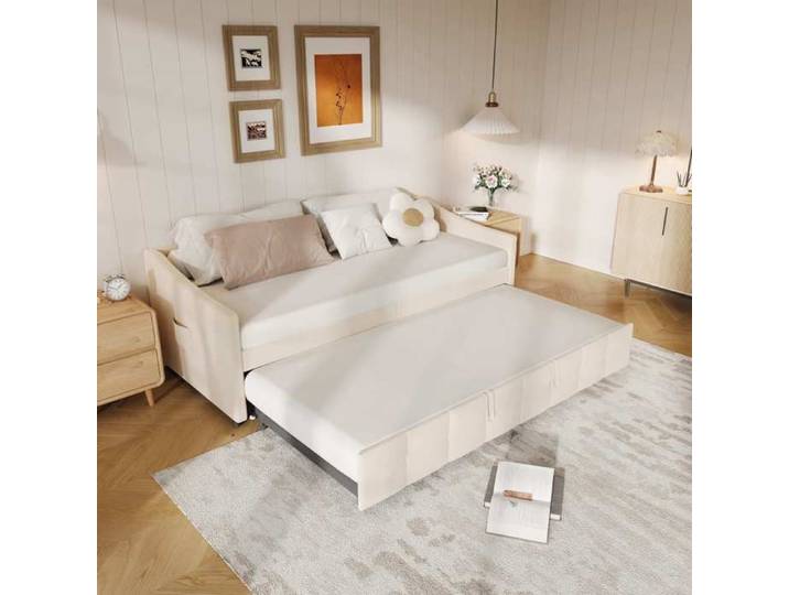 Lit gigogne - DREAMMESPACE - 90x200cm - Flanelle crème - Design moderne - Multifonctionnel