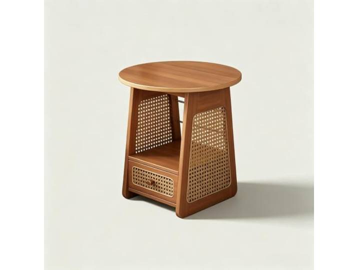 Runder Rattan Beistelltisch aus Bambus mit Schublade 50cm 2 Stile Boho Beistelltisch im Mid-Century Stil für Wohnzimmer(D)