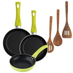 BERGNER - Set aus 3 Pfannen Ø20/Ø24/Ø28 cm gepresstes Aluminium Molen Grün Set 3 Küchenutensilien aus Akazienholz