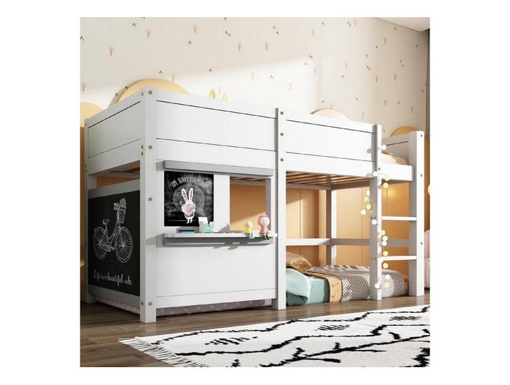LuxusKollektion Hochbett Kinderhochbett 90x200 Weiss mit Tafel & Ablage (1-St)