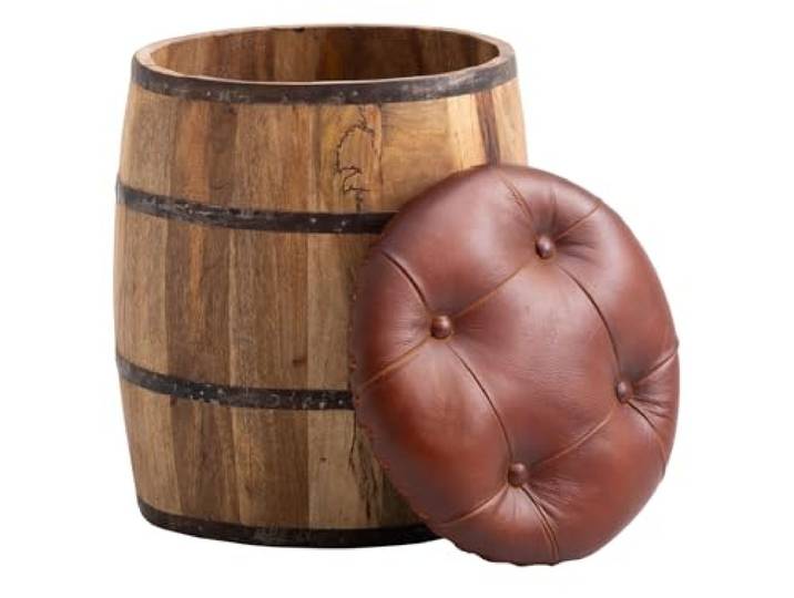 Woodkings Sitzhocker Barrel Stow mit Stauraum 37x47x37 cm, Fass Hocker aus Holz mit Kunstleder Braun, Gepolsterter Truhenhocker für Wohnzimmer Schlafzimmer Flur, Rustikales Design
