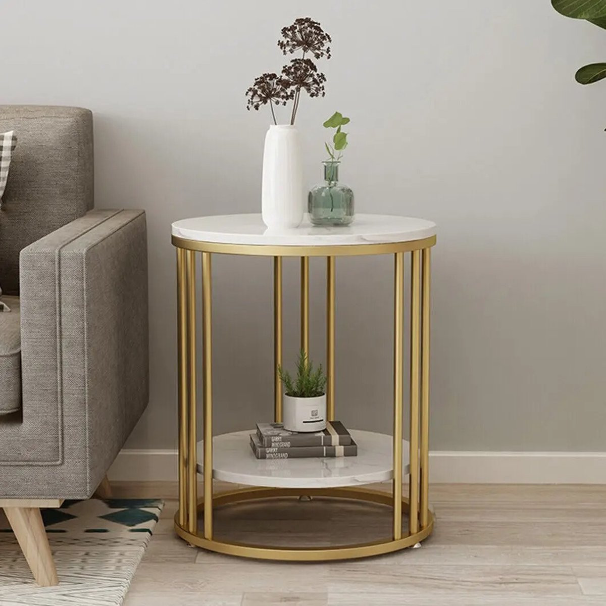 SimpleStore Marmeren Bijzettafel - Wit/Goud - Rond - 2 Laags