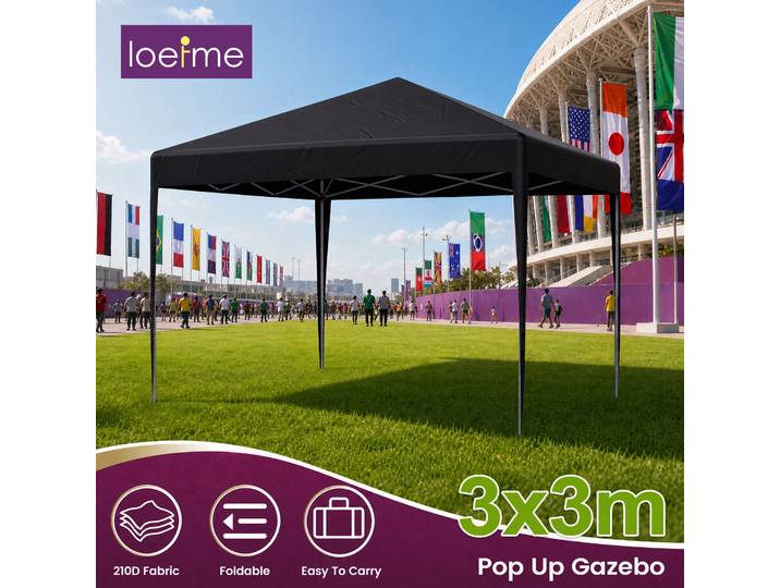 Tonnelle escamotable LOEFME 3x3M, protection UV50+, abri extérieur imperméable, montage rapide, pavillon pliable avec cadre en acier renforcé, cordes, piquets et sac de transport pour jardin, camping,
