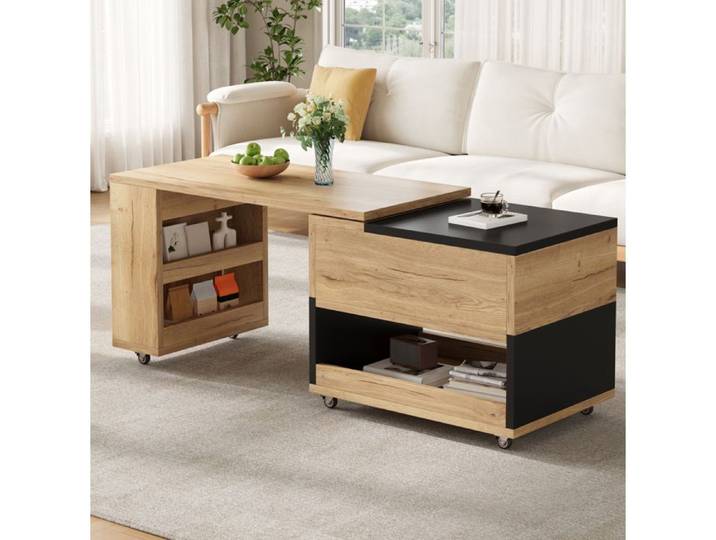 Table basse extensible AESVAR modulable avec plateau relevable rangement et roulettes naturel et noir