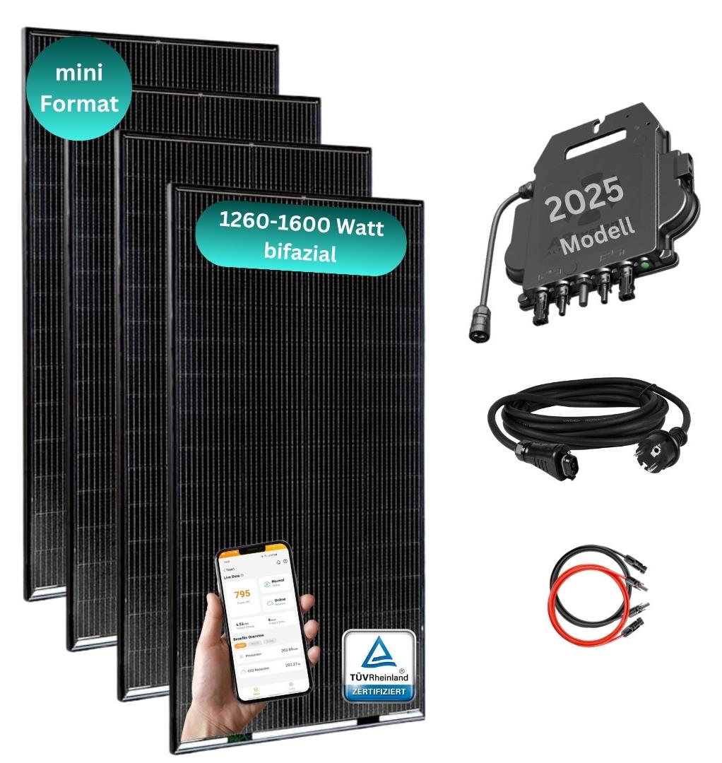 MYVOLTAICS Balkonkraftwerk MyBasic 1260+ Watt Mini-Format (1,65m x 0,88m) 4x 315+ Watt Glas-Module, bifazial, WLAN Wechselrichter, Steckerfertig - einstecken. fertig. - 5m