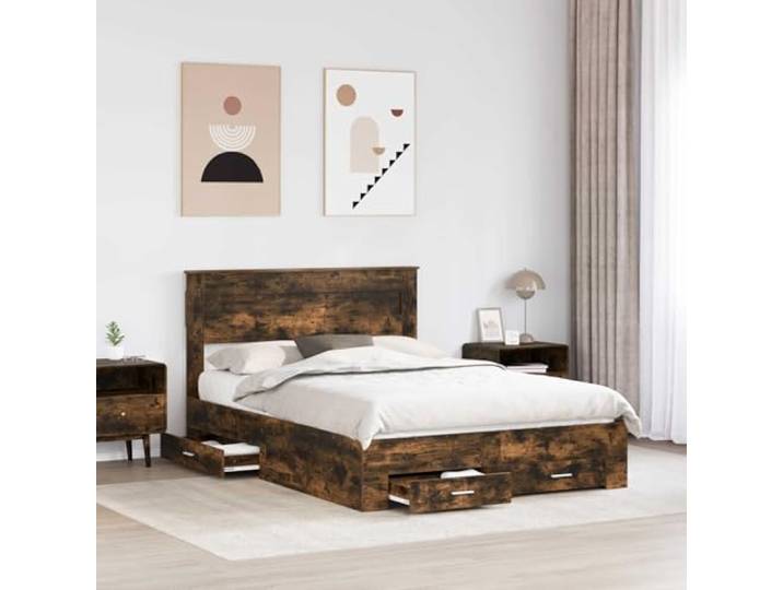 KTHLBRH Bettgestell Eiche Rauchgrau 140 x 190 cm Mehrschichtiges Holz, mit herausnehmbaren Schubladen, Lattenrost, Kopfteil im Lieferumfang enthalten