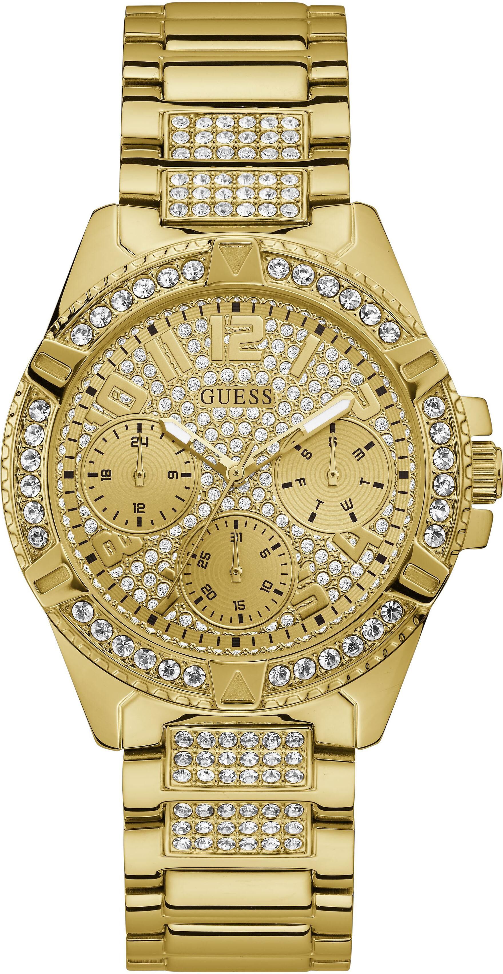 Multifunktionsuhr GUESS "LADY FRONTIER", gold (goldfarben, gelbgoldfarben), Armbanduhren, Damen, goldfarben, Multifunktionsuhr, Armbanduhr, Quarzuhr, Damenuhr