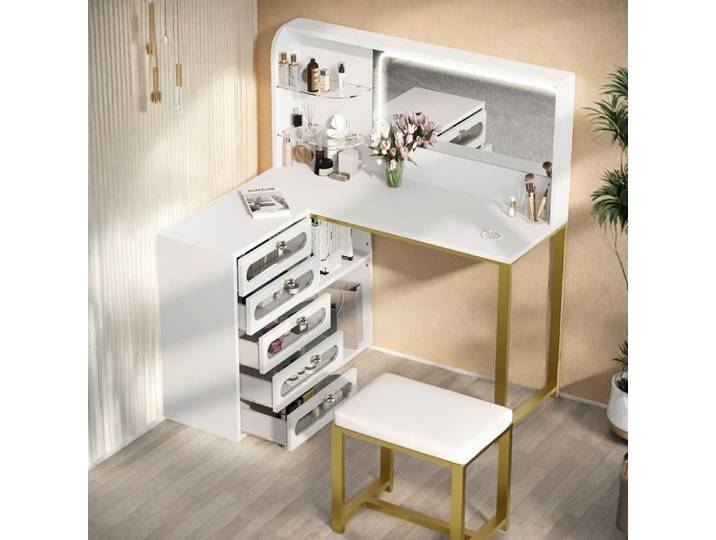 Coiffeuse Coiffeuse avec miroir et tabouret 5 tiroirs de visualisation et 4 étagères ouvertes Coiffeuse d'angle Miroir