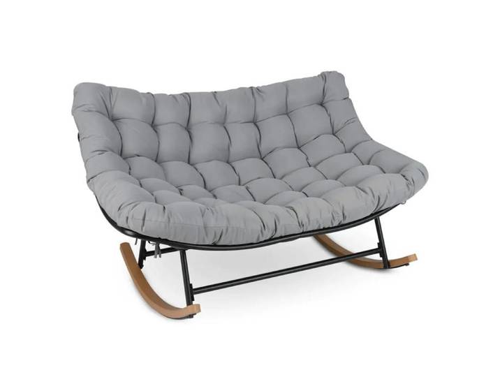 Fauteuil à Bascule 2 Places Papasan Balancement Fluide Coussin Épais 20 cm Métal 320 kg Intérieur Balcon