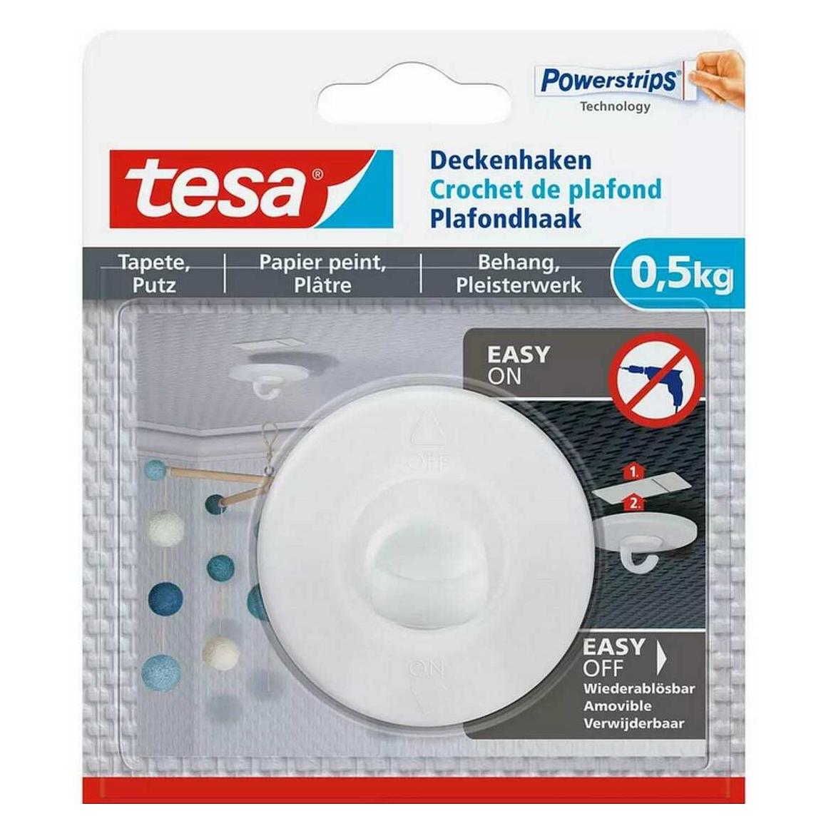 tesa 3x Deckenhaken für Tapete & Putz, selbstklebend (77781-00500-01)