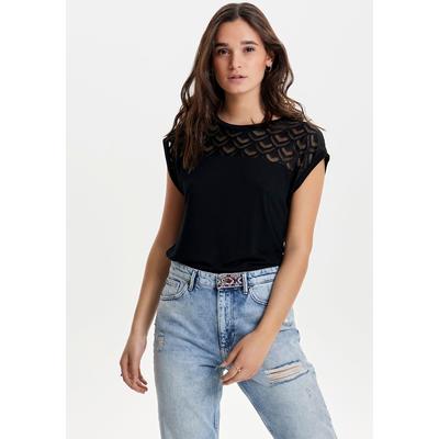 Spitzenshirt ONLY "ONLNICOLE – Spitzendetails für eleganten Auftritt im Alltag", Damen, Gr. L, schwarz, Jersey, Obermaterial: 100% Viskose (LENZING™ ECOVERO™), unifarben, figurbetont normal, Rundhals, Shirts, figurbetont, Jersey, Viskose, Rundhals,...
