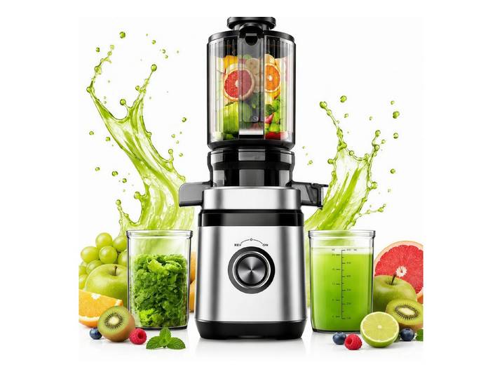 Fyrove Entsafter für Ganze Gemüse und Obst, 140 mm Breite und Größere Fütterungsröhre, 350 W, 2 L Füllvolumen, Leicht zu Reinigender Slow Juicer mit 2 Gläsern