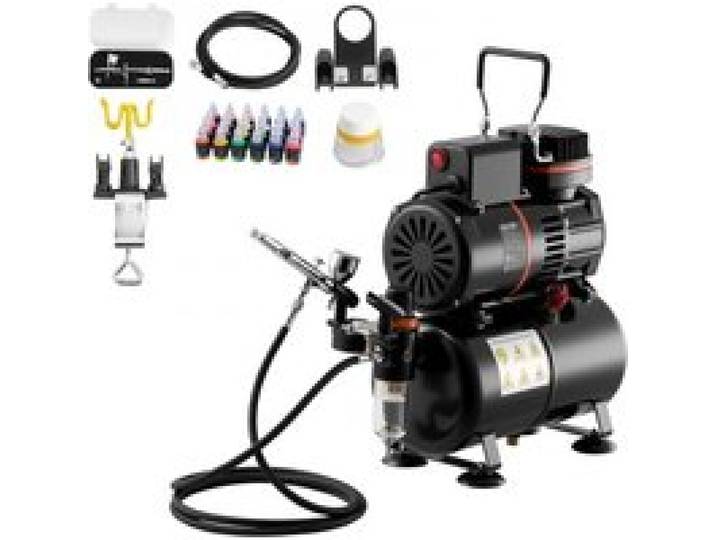 VEVOR Airbrush Set 1/6 PS mit Luftkompressor & Tank, 1 Dual Action Airbrush mit 1 Düse (0,3 mm) & Schlauch & Acrylfarbe )(24) & 2 Ventilatoren, für Kuchendekoration Modellmalerei Nagelkunst