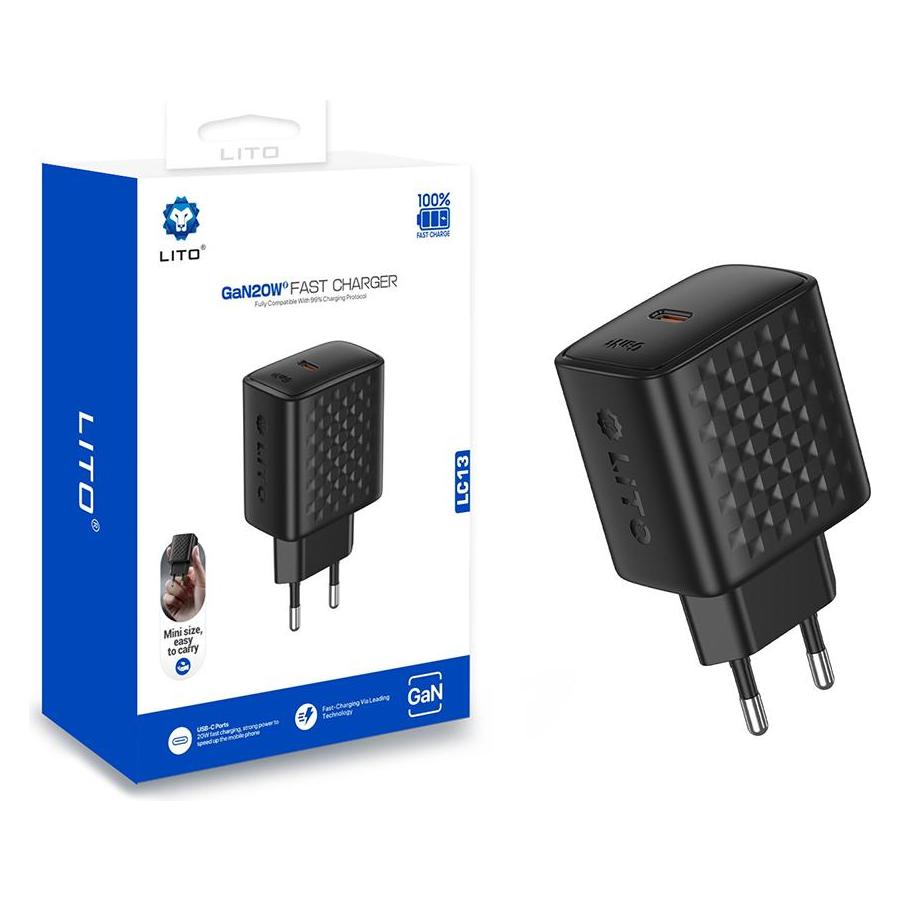 Lito - Wall Charger (LC13) - Type-C, PD20W, GaN, PC Fireproof, EU Plug - Black (20 W) (61003426)