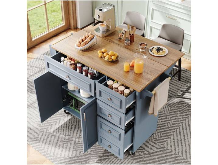 Îlot central de cuisine pliable 110 x 45/75 x 92 cm bleu avec roulettes et rangements