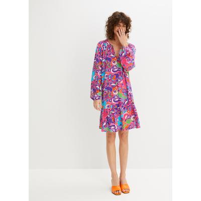 Tunikakleid BONPRIX, Damen, Gr. 34, N-Gr, Langarm, Web, bunt (dunkelpink bedruckt (länge: regulär)), Web, Obermaterial: 100% Viskose, A-Linie, Kleider, für Frühjahr und Sommer, aus Viskose, in A-Linie, mit langem Arm