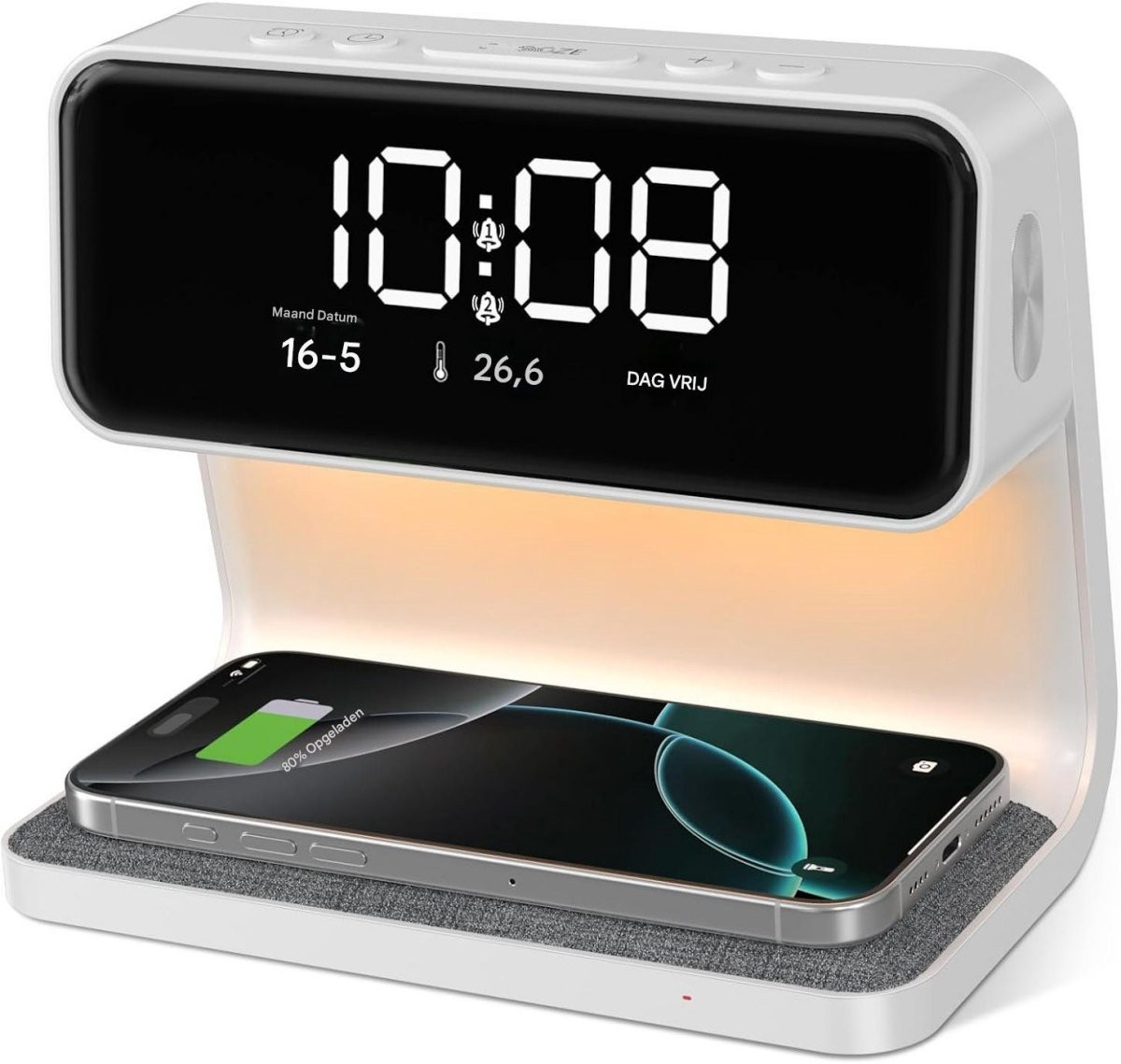 GELLDG Digitale wekker met 15W draadloze oplader, LED-temperatuurweergave en dubbele alarmen, Wit