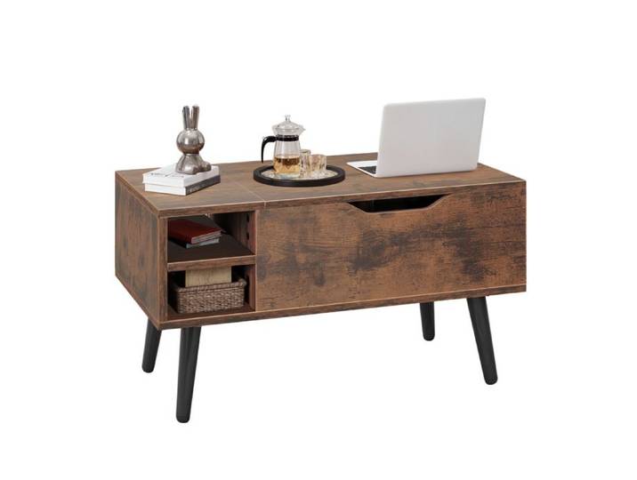 Table basse relevable Balconera – Compartiment caché étagère réglable ressort – 80x40x61 5 cm – Marron rustique