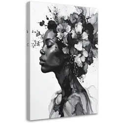 WANDBILD, Schwarz-weißes weibliches Profil mit Blumen im Haar