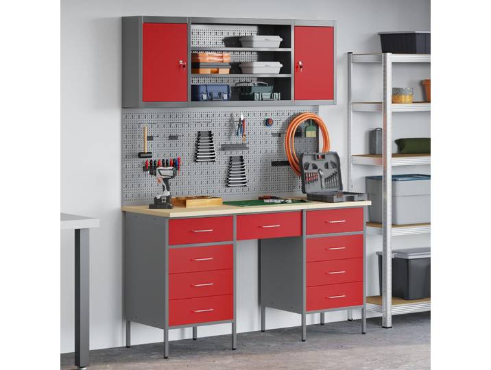 vidaXL Werkbank 7 stk. Rot und Grau Ingenieure Holz und Stahl