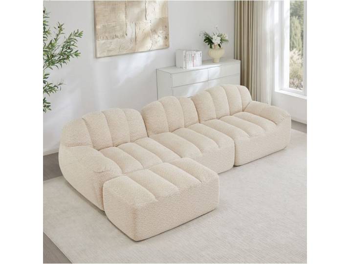 Canapé modulaire d'angle 3 places avec ottoman en fleece granulé beige blanc