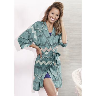 Kimono LASCANA, Damen, Gr. 36/38, blau (türkis), Viskose, gemustert, Kurzform, Hausmäntel, mit grafischem Zick-Zack Muster