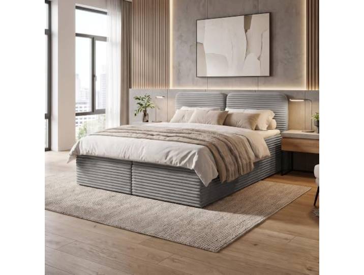 BEAUTY SOFA Boxbett LARS mit Matratze H3 und Topper, Boxspringbett mit 2 Bettkästen und Bonellfederkern, Cord TILIA, Hellgrau (Tilia 86), 140x200