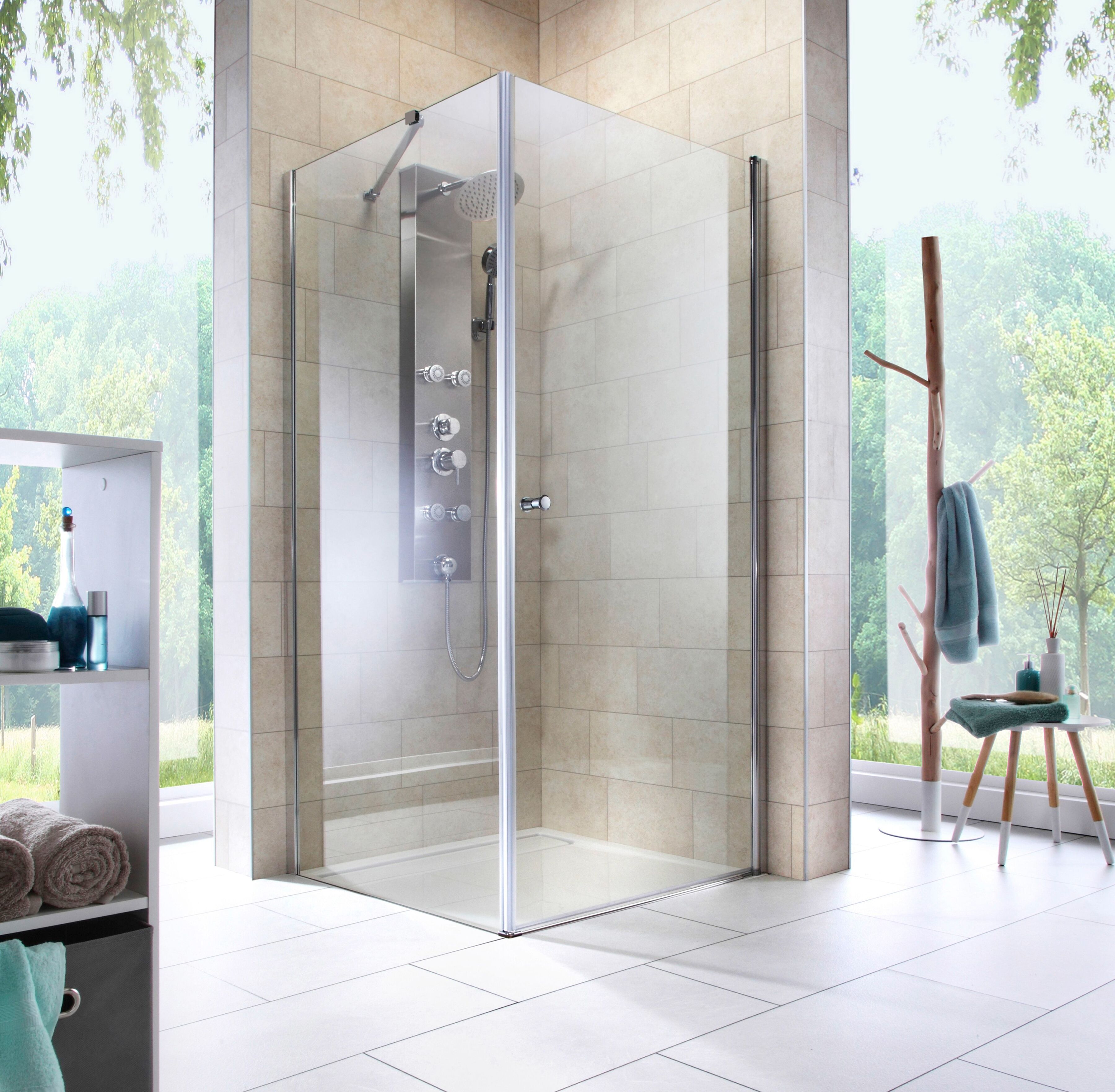 Eckdusche WELLTIME "Florenz 2.1", grau (chromfarben), B:90cm H:190cm T:90cm, Duschkabinen, Eckdusche, Hebe-Senk-Mechanismus, barrierefrei einbaubar, mit Drehtüren chromfarben B/H/T: 90cm x 190cm x 90cm, ohne Antikalk-Versiegelung