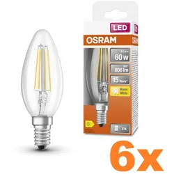 6er Vorteilspack  OSRAM E14 LED STAR FILAMENT Kerze klar 5,5W wie 60W warmweiß für Kronleucher und schmale Leuchten