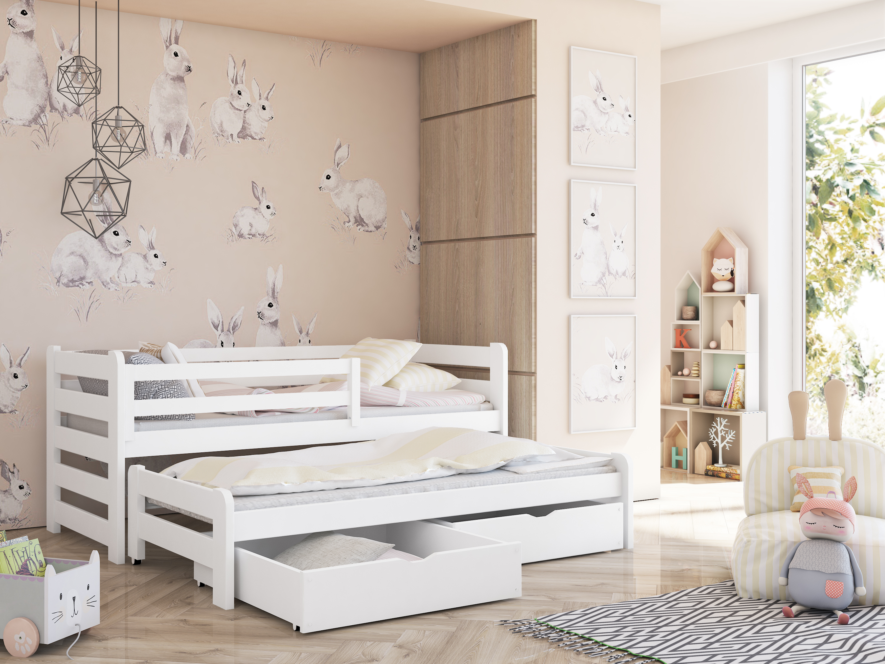 Einzelbett 90x200 mit Rausziehbett 90x190 mit zwei Matratzen, zwei Schubladen, Rausfallschutz und Lattenrosten, Vollholz massiv in weiss, Kinderbett Funktionsbett