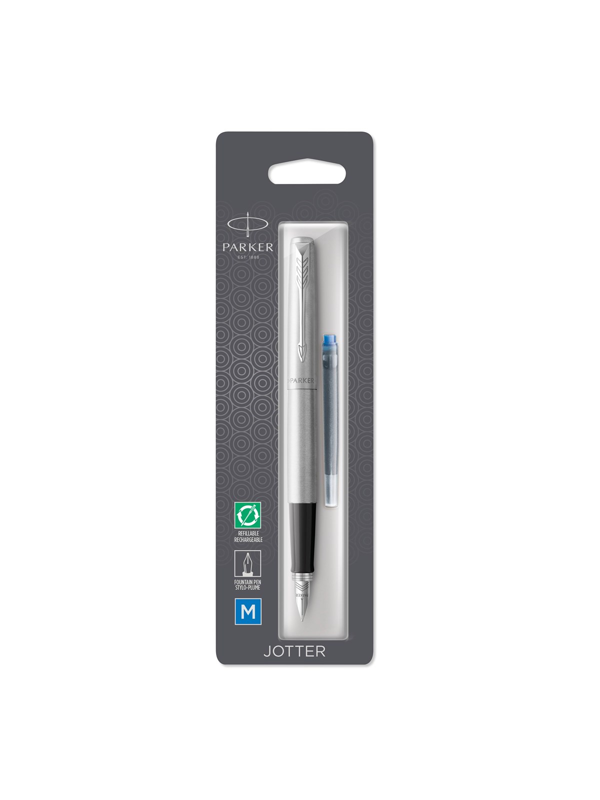 Parker Jotter Füller | Edelstahlschaft mit Chromzierteilen | Füllfederhalter mit mittlerer Feder | blaue Tinte