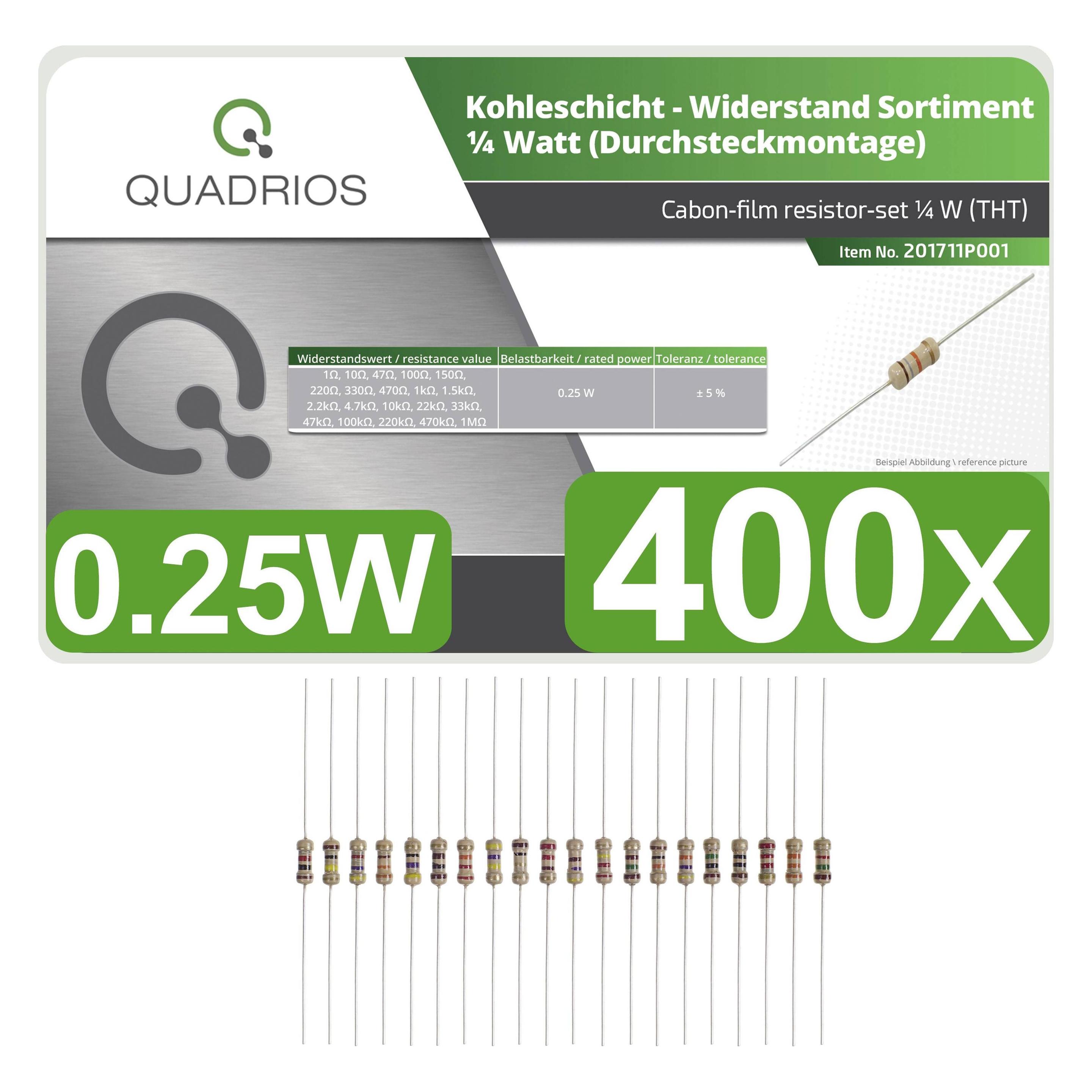 Quadrios 201711P001 Kohleschicht-Widerstand Sortiment axial bedrahtet 0.25 W 5 % 400 St. (201711P001)