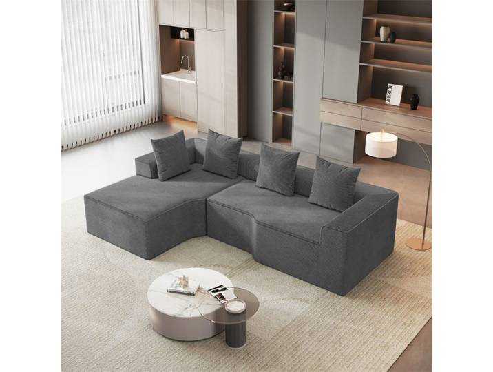 DRIPEX Canapé d'angle gauche 4/5 places en Velours Côtelé Gris Canapé compressé avec 4 coussins méridienne gauche 270x152x59cm