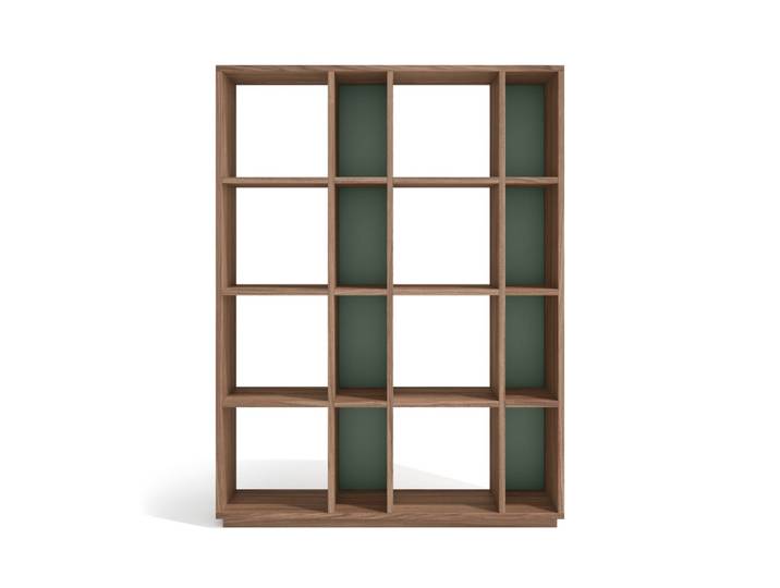Étagère modulable 16 niches en placard finition noyer et vert